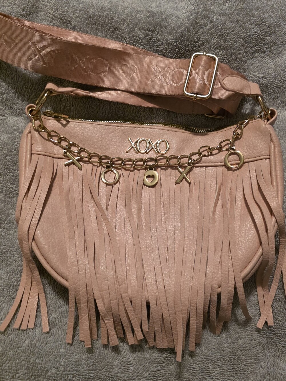 XOXO Blush Pink Fringe Crossbody with Gold Charm Chain